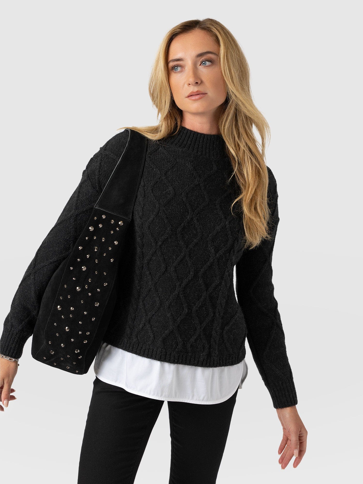 Arden Mock Shirt Jumper - Black - Women's Knitwears | Saint + Sofia® USA